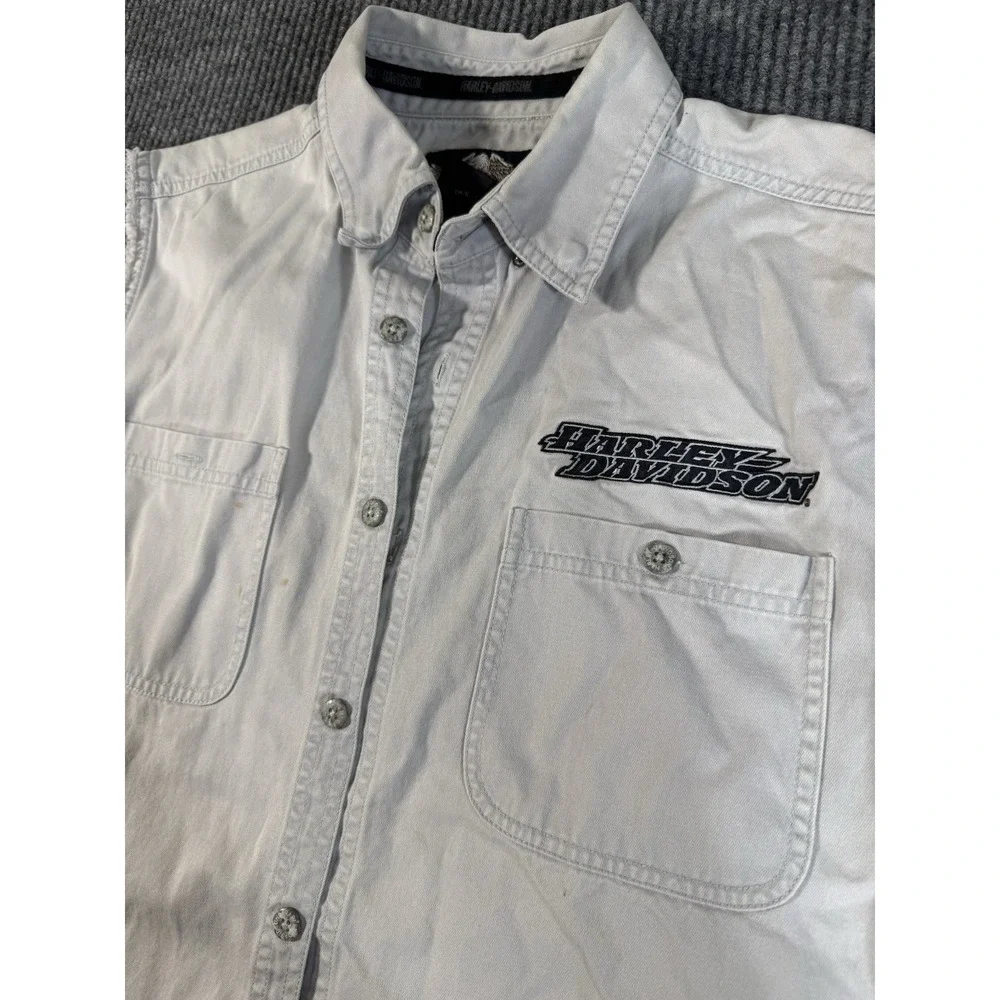 Harley-Davidson Sleeveless Frayed Edge‎ Button-Down Vest White 100% Cotton Large